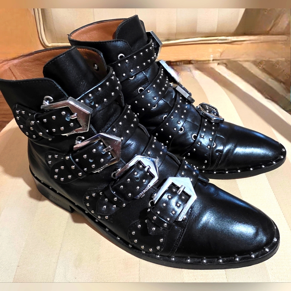 Givenchy Black Leather Studded Buckle Ankle Boots
